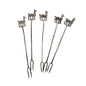 Vintage Alpaca Llama Cocktail Forks, Appetizer Set of 5, 1960s Peru